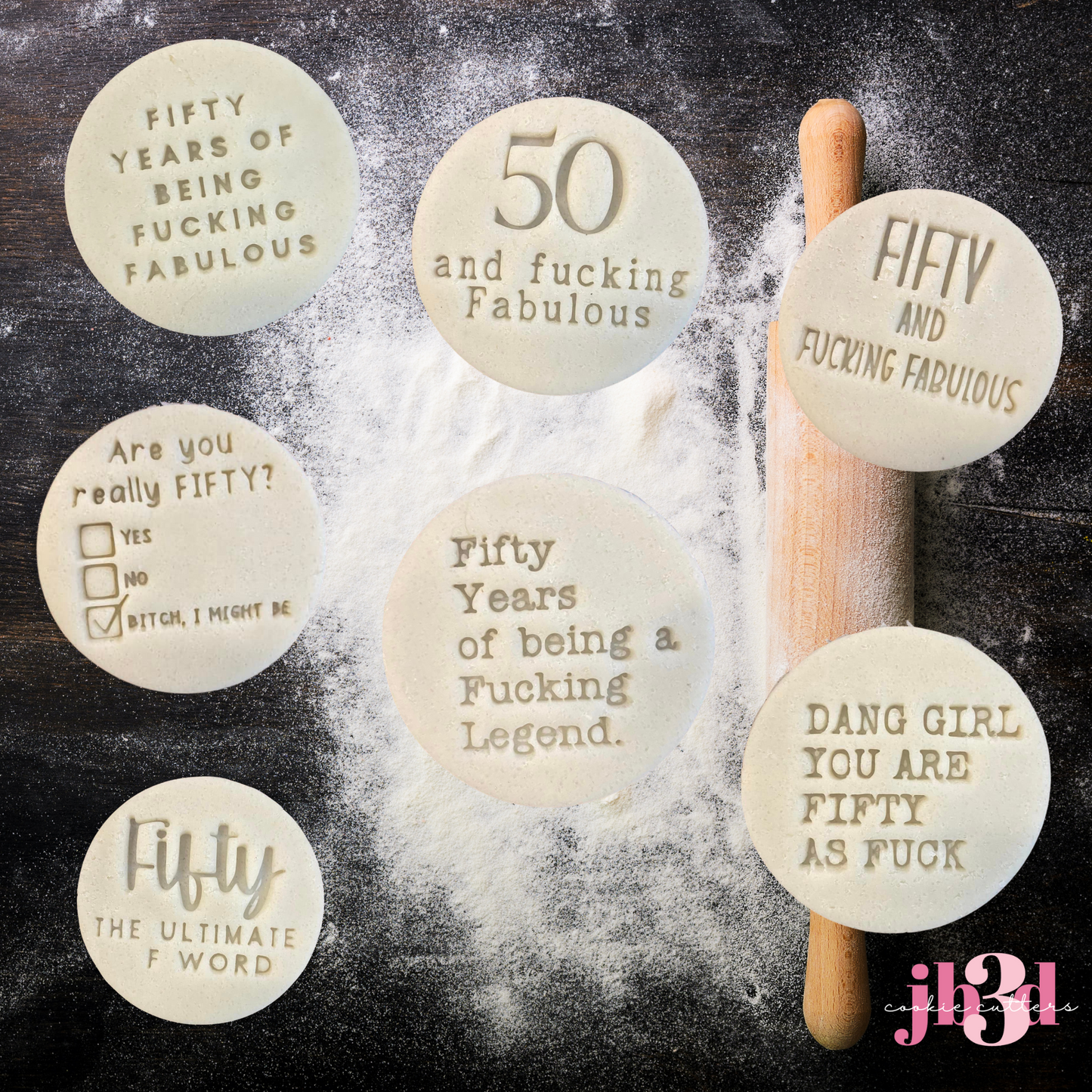 FIFTY 50 50th Birthday Funny Set - 70mm round stamps