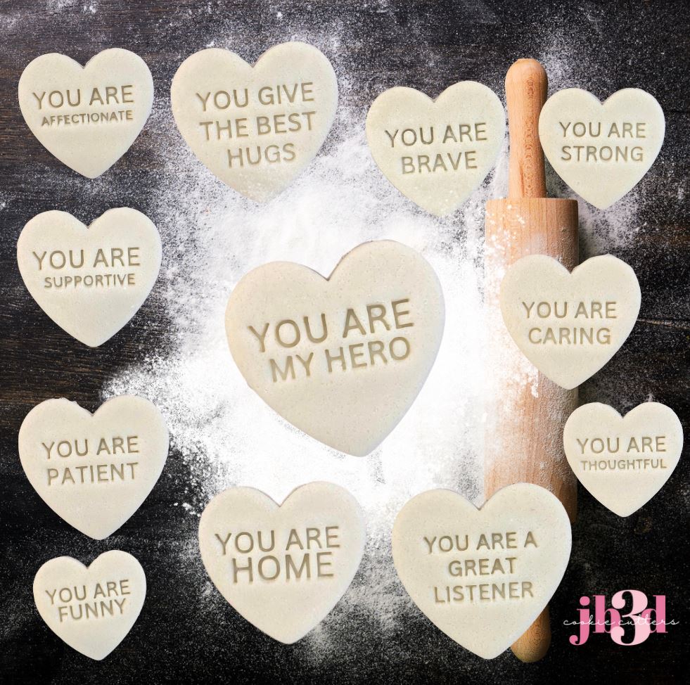 Set of 12 Conversation hearts - 60mm Cutter and  Stamps