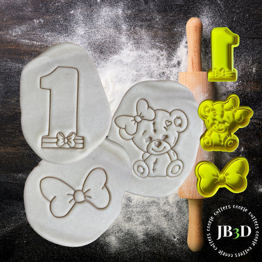 1st Birthday BEAR & BOW Set   Cookie Cutter and Embosser Stamp